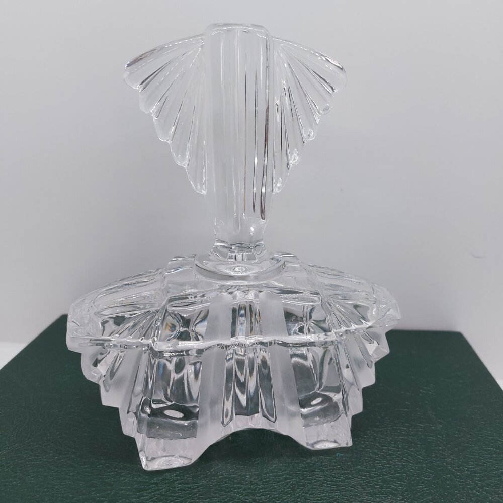 Vintage Art Glass Clear Glass Trinket Pot Fan Shape Lid Vanity Dressing Table - Picture 11 of 16
